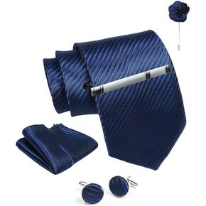 Blue Striped Ties For Men – Tie Set With Pocket Square Cufflinks Tie Clip Bar & Flower Brooch Pin For Mens (Pack of 5) (AXTS67)