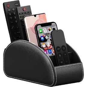 Remote Control Holder for Table, All-in-One Faux Leather TV Remote Caddy/Storage Box/Supply Organize with 5 Compartments, Perfect Space Saver for End Table/Nightstand (Black, Large)