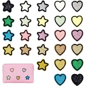 Small Self-Adhesive Embroidery Patches 25Pcs Cute Glitter Stickers Sequin Embroidered Applique Stick On Patches for Clothes, Jackets, Backpacks, Hat, Pouch and DIY Phone Cases (Star & Heart)