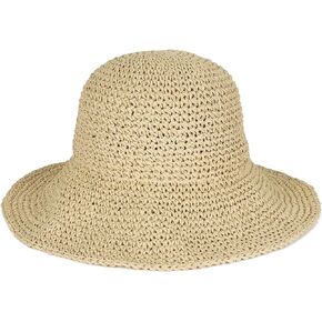 Womens Floppy Straw Sun Hat Foldable Packable Wide Brim Summer Beach Hat Crochet Bucket Hat