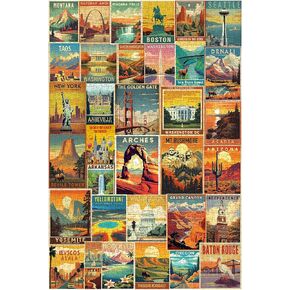 Vintage United States Travel Puzzles for Adults 1000 Piece, American Landscape Collage Jigsaw Puzzle Including 35 Vintage Landmark Posters, Retro Nature Puzzle Yosemite National Park Statue of Liberty