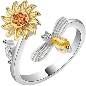 14K Karat White and Yellow Gold Plated Adjustable Sunflower Flower Bee Spinner Ring - Fidget Jewelry for Women, Anxiety Rings for Women, Fidget Rings for Anxiety Jewelry Gift for Women