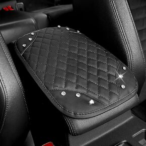 Car Center Console Cover Bling Arm Rest Cover for Car Decor Accessory, Diamond Leather Middle Console Armrest Seat Box Mat with Rhinestones, Crystal Cushion Bling Pad for Women Girl(Black)