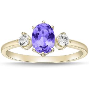 14K Yellow Gold Plated .925 Sterling Silver Oval Cut Birthstone & Created White Sapphire Three Stone Engagement Ring - Choice of Birthstone/Month