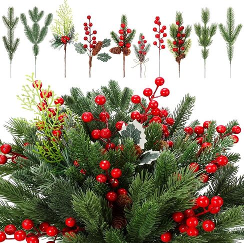 100 Pcs Artificial Christmas Pine Stem Picks Bulk Xmas Red Berry Floral Picks Holly Leaves Sprays Fake Pine Branches Twig for Christmas Craft Winter Holiday Party Home Decor, 10 Styles in Saudi Arabia