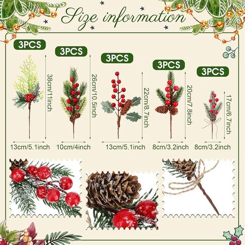 100 Pcs Artificial Christmas Pine Stem Picks Bulk Xmas Red Berry Floral Picks Holly Leaves Sprays Fake Pine Branches Twig for Christmas Craft Winter Holiday Party Home Decor, 10 Styles in Saudi Arabia