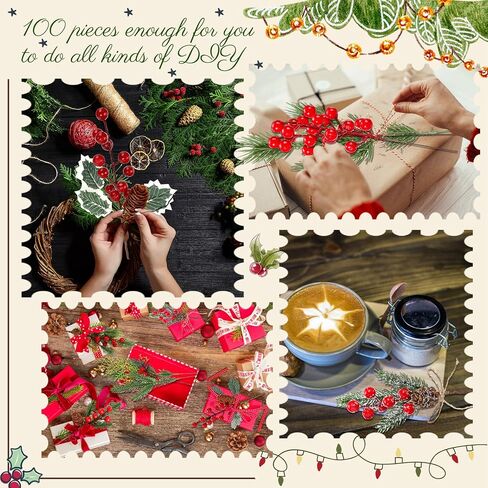 100 Pcs Artificial Christmas Pine Stem Picks Bulk Xmas Red Berry Floral Picks Holly Leaves Sprays Fake Pine Branches Twig for Christmas Craft Winter Holiday Party Home Decor, 10 Styles in Saudi Arabia