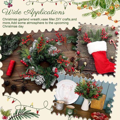 100 Pcs Artificial Christmas Pine Stem Picks Bulk Xmas Red Berry Floral Picks Holly Leaves Sprays Fake Pine Branches Twig for Christmas Craft Winter Holiday Party Home Decor, 10 Styles in Saudi Arabia