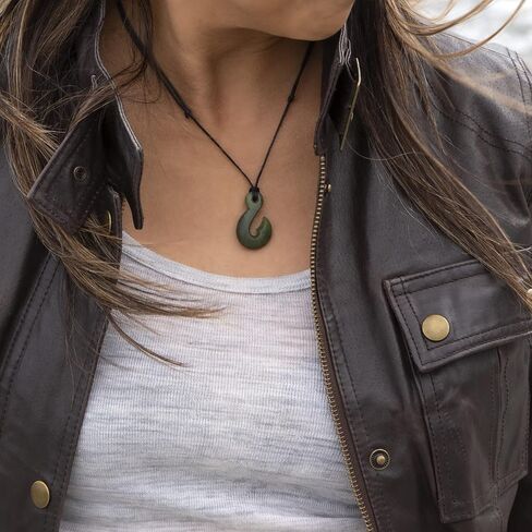 100% New Zealand Jade Necklace for Men and Women, Hand Carved Maori Necklace Jade Pendant for Men With Black Adjustable Cord, New Zealand Pounamu Green Stone Necklace, Hook Design Nephrite Jade Necklace 1.2in (30mm) in Saudi Arabia