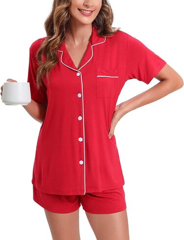 طقم بيجامات نسائي ناعم بأزرار سفلية ملابس نوم بأكمام قصيرة من Pjs طقم ملابس ليلية in Kuwait