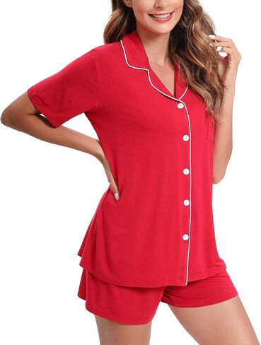 طقم بيجامات نسائي ناعم بأزرار سفلية ملابس نوم بأكمام قصيرة من Pjs طقم ملابس ليلية in Kuwait