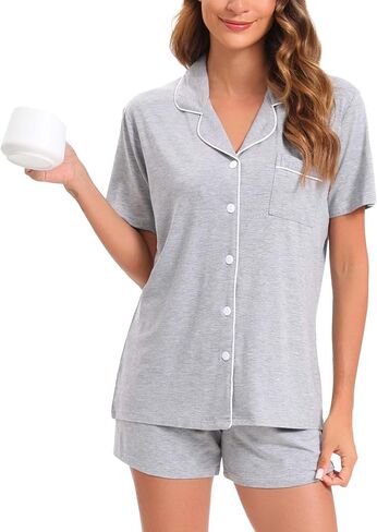 Women's Pajamas Set Soft Button Down Sleepwear Short Sleeve Pjs Set Nightwear Lounge Sets in Saudi Arabia