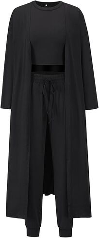 Les umes Women's 3 Piece Pajama Loungewear Set Long Cardigan Crop Tops High Waist Pants Sweatsuit Set in Saudi Arabia