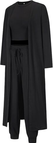 Les umes Women's 3 Piece Pajama Loungewear Set Long Cardigan Crop Tops High Waist Pants Sweatsuit Set in Saudi Arabia