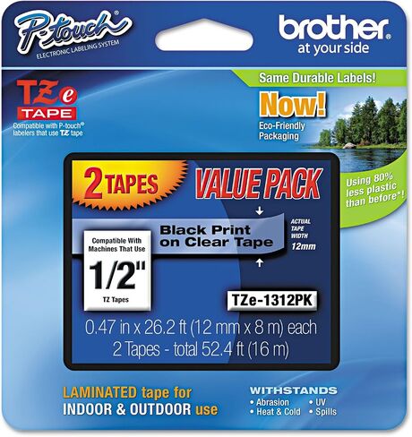 Brother TZE1312PK TZe Standard Adhesive Laminated Labeling Tapes, 1/2-Inch w, Black on Clear, 2/Pack in Saudi Arabia