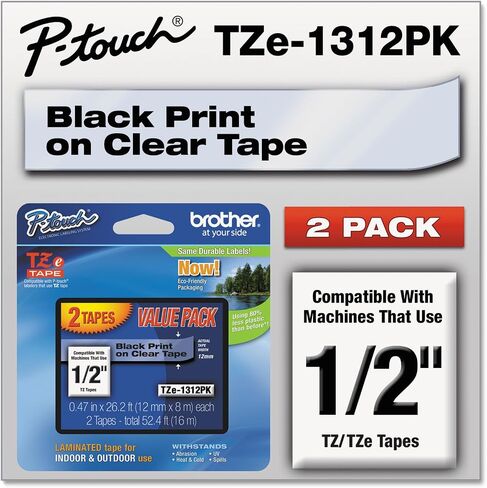 Brother TZE1312PK TZe Standard Adhesive Laminated Labeling Tapes, 1/2-Inch w, Black on Clear, 2/Pack in Saudi Arabia
