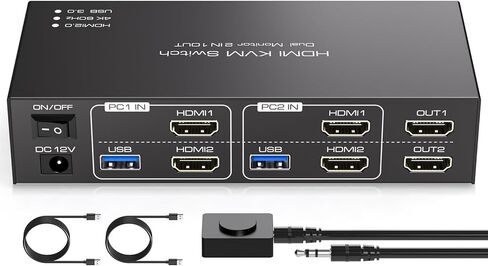HDMI KVM Switch Dual Monitor 2 Computers KVM Switch Support 4K@60Hz USB 3.0 KVM Switches Share Dual Monitors and 4 USB 3.0 Ports Support Extended/Copy Mode with DC 12V Adapter&Wired Controller in Kuwait