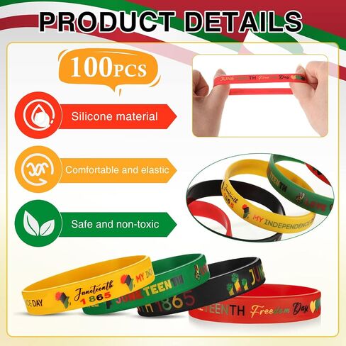100 Pcs Juneteenth Day Silicone Wristband Black Freedom Day Rubber Bracelets Juneteenth Decorations Patriotic Bracelets Bulk for African Afro American Independence Day Party Favors, 4 Styles in Saudi Arabia