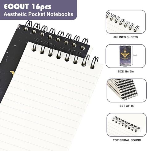 EOOUT Small Spiral Notebook, Aesthetic Pocket Notebook, 16pcs, 3x5 Inches, Memo Pads, Home Office College School, Lined College Ruled Paper, 60 Sheets Per Notebook, 8 Styles in Kuwait