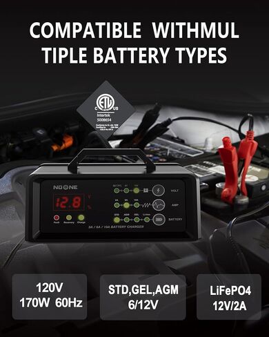 NOONE 2A/6A/10A Car Battery Charger, 6V/12V Smart Fully Automatic Battery Charger Maintainer, Trickle Charger, Battery Desulfator for Car, Motorcycle, Boat, Lawn Mower, Marine Lead Acid Batteries in Kuwait