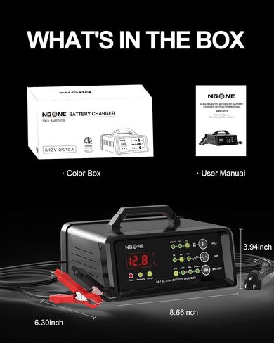 NOONE 2A/6A/10A Car Battery Charger, 6V/12V Smart Fully Automatic Battery Charger Maintainer, Trickle Charger, Battery Desulfator for Car, Motorcycle, Boat, Lawn Mower, Marine Lead Acid Batteries in Kuwait
