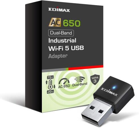 EDiMAX Wi-Fi 5 802.11ac محول USB للشبكات اللاسلكية ثنائي النطاق من الدرجة الصناعية AC650 لأجهزة الكمبيوتر والأنظمة المدمجة، Windows، Linux، تحمل درجات الحرارة القصوى -4F إلى 167F، IEW-7811UTC in Kuwait