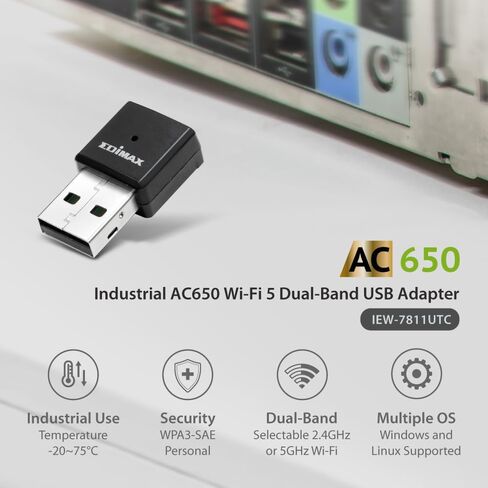 EDiMAX Wi-Fi 5 802.11ac محول USB للشبكات اللاسلكية ثنائي النطاق من الدرجة الصناعية AC650 لأجهزة الكمبيوتر والأنظمة المدمجة، Windows، Linux، تحمل درجات الحرارة القصوى -4F إلى 167F، IEW-7811UTC in Kuwait