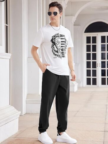 GORGLITTER Men's 2 Pieces Short Sleeve Tracksuit Sets Letter Graphic T Shirt Drawstring Waist Pants in Saudi Arabia