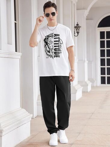 GORGLITTER Men's 2 Pieces Short Sleeve Tracksuit Sets Letter Graphic T Shirt Drawstring Waist Pants in Saudi Arabia