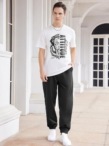 GORGLITTER Men's 2 Pieces Short Sleeve Tracksuit Sets Letter Graphic T Shirt Drawstring Waist Pants in Saudi Arabia