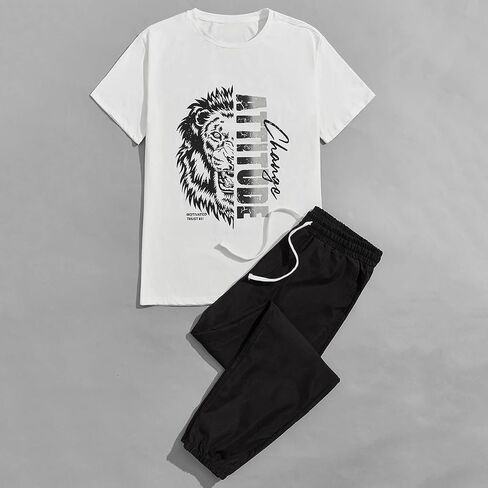 GORGLITTER Men's 2 Pieces Short Sleeve Tracksuit Sets Letter Graphic T Shirt Drawstring Waist Pants in Saudi Arabia