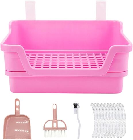 صندوق فضلات أرنب كبير، صندوق فضلات أرنب، مرحاض أرنب، زاوية تدريب، وعاء فضلات أرنب ضخم مع شبكة بلاستيكية، صينية تفريغ عميقة للحيوانات الصغيرة البالغة (أبيض) in Kuwait