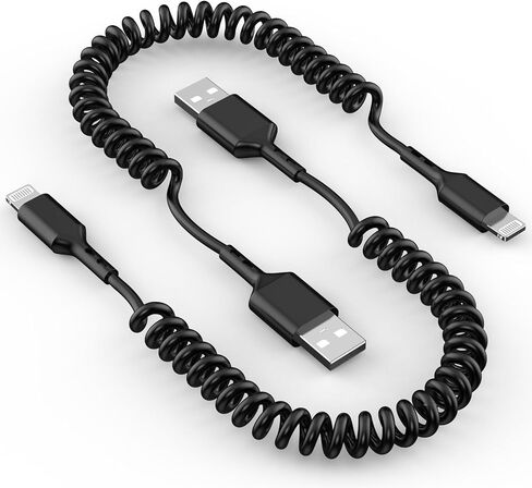 عبوتان [معتمد من Apple MFi] كابل شاحن iPhone للسيارة، كابل USB ملفوف إلى Lightning بطول 6 أقدام متوافق مع iPhone 14 13 12 11 Pro Max XS XR X 8 7 6 iPad، أسود in Kuwait