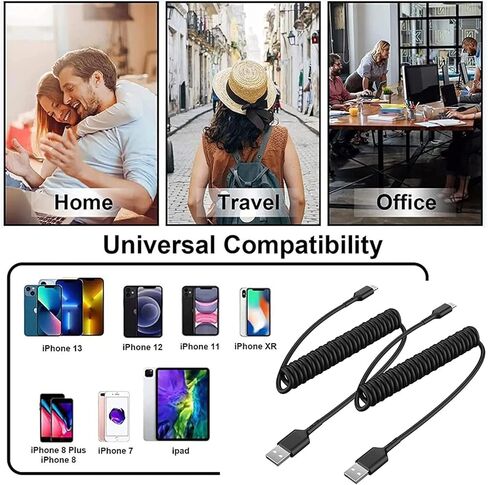 عبوتان [معتمد من Apple MFi] كابل شاحن iPhone للسيارة، كابل USB ملفوف إلى Lightning بطول 6 أقدام متوافق مع iPhone 14 13 12 11 Pro Max XS XR X 8 7 6 iPad، أسود in Kuwait