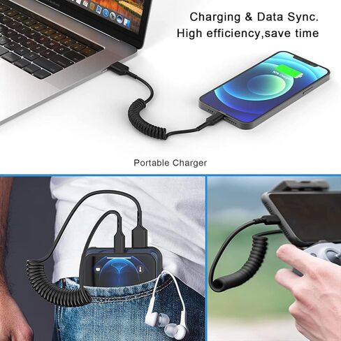 عبوتان [معتمد من Apple MFi] كابل شاحن iPhone للسيارة، كابل USB ملفوف إلى Lightning بطول 6 أقدام متوافق مع iPhone 14 13 12 11 Pro Max XS XR X 8 7 6 iPad، أسود in Kuwait