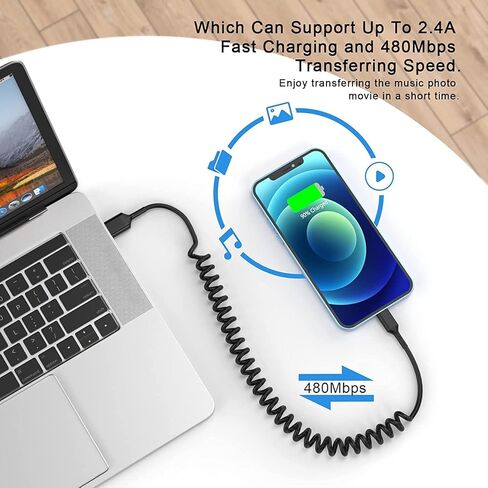 عبوتان [معتمد من Apple MFi] كابل شاحن iPhone للسيارة، كابل USB ملفوف إلى Lightning بطول 6 أقدام متوافق مع iPhone 14 13 12 11 Pro Max XS XR X 8 7 6 iPad، أسود in Kuwait