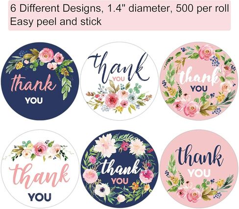 500 ملصق لاصق على شكل زهور شكرًا لك، ملصقات دائرية مقاس 1.4 بوصة 6 تصميمات مختلفة، ملصقات شكرًا لك مثالية لأعياد الميلاد، هدايا الزفاف، حفلات استقبال المولود الجديد، الأعمال الصغيرة والبوتيكات. in Kuwait