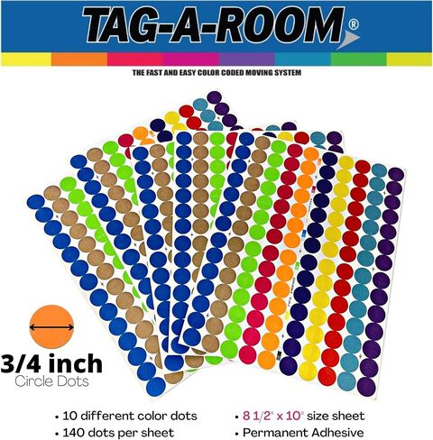 Tag-A-Room 1260 Colored Dot Stickers 3/4 Inch Round Color Coding Labels Circle Dot Label Sticker for Offices, Classrooms, Paper, etc., 10 Bright Colors, 8 1/2" x 11" Sheet in Saudi Arabia