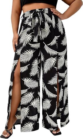 WDIRARA Women's Plus Size Tropical Print Wide Leg Split Hem Tie Front Belted Boho Pants in Saudi Arabia
