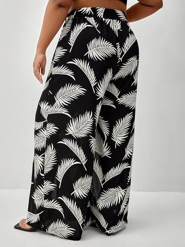 WDIRARA Women's Plus Size Tropical Print Wide Leg Split Hem Tie Front Belted Boho Pants in Saudi Arabia