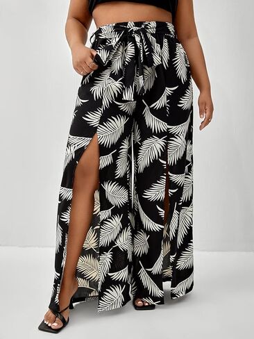 WDIRARA Women's Plus Size Tropical Print Wide Leg Split Hem Tie Front Belted Boho Pants in Saudi Arabia