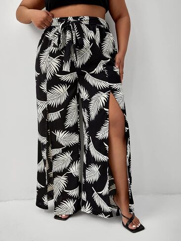 WDIRARA Women's Plus Size Tropical Print Wide Leg Split Hem Tie Front Belted Boho Pants in Saudi Arabia