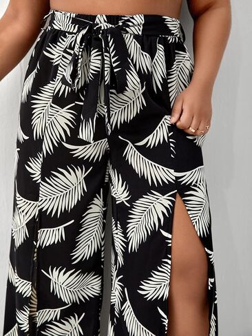 WDIRARA Women's Plus Size Tropical Print Wide Leg Split Hem Tie Front Belted Boho Pants in Saudi Arabia