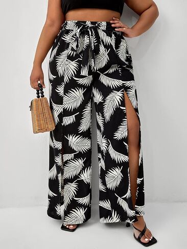 WDIRARA Women's Plus Size Tropical Print Wide Leg Split Hem Tie Front Belted Boho Pants in Saudi Arabia