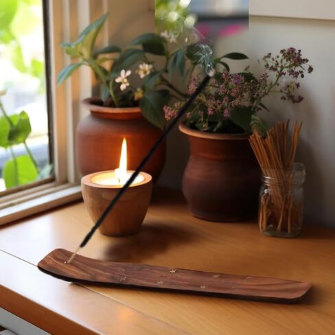 صناعة القطن - حامل بخور خشبي مع ترصيع نجمة نحاسية - عبوتان - معطر غرفة برائحة سماوية وعصي بخور مبخرة - هدية ديكور منزلي زن - خشب سيشام - 10 × 1.4 - بني عتيق in Kuwait