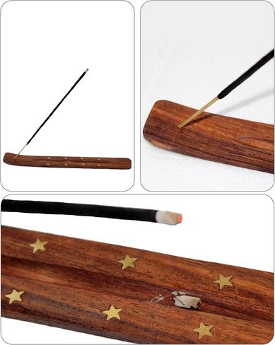 صناعة القطن - حامل بخور خشبي مع ترصيع نجمة نحاسية - عبوتان - معطر غرفة برائحة سماوية وعصي بخور مبخرة - هدية ديكور منزلي زن - خشب سيشام - 10 × 1.4 - بني عتيق in Kuwait
