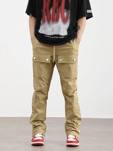 WDIRARA Men's Drawstring Waist Button Side Streetwear Long Cargo Pants with Pockets in Saudi Arabia