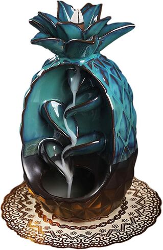 مبخرة بخور سيراميك، حامل بخور بتدفق خلفي، مبخرة بخور بتصميم الأناناس مع 120 مخروط بخور بتدفق خلفي + 30 عصا بخور + 1 وسادة زخرفية، زينة منزلية برائحة العلاج العطري in Kuwait