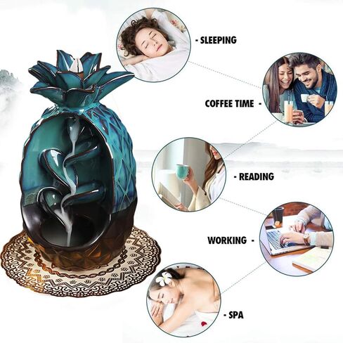 مبخرة بخور سيراميك، حامل بخور بتدفق خلفي، مبخرة بخور بتصميم الأناناس مع 120 مخروط بخور بتدفق خلفي + 30 عصا بخور + 1 وسادة زخرفية، زينة منزلية برائحة العلاج العطري in Kuwait