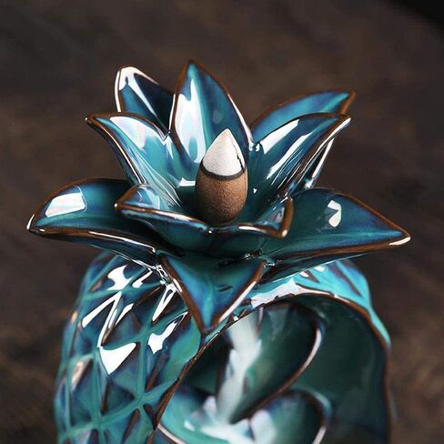 مبخرة بخور سيراميك، حامل بخور بتدفق خلفي، مبخرة بخور بتصميم الأناناس مع 120 مخروط بخور بتدفق خلفي + 30 عصا بخور + 1 وسادة زخرفية، زينة منزلية برائحة العلاج العطري in Kuwait